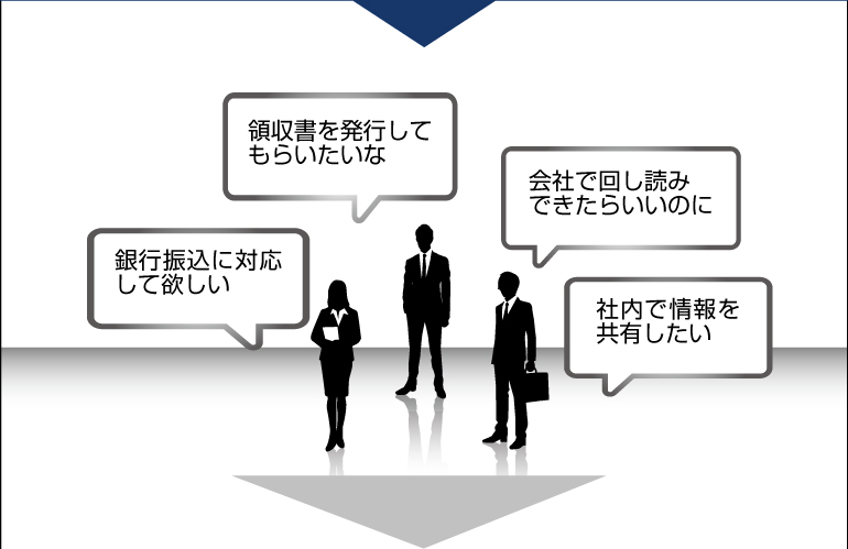 銀行振込に対応して欲しい　領収書を発行してもらいたいな　会社で回し読みできたらいいのに　社内で情報を共有したい