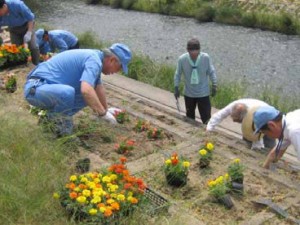 季節の花々を植える東海ゴムの従業員