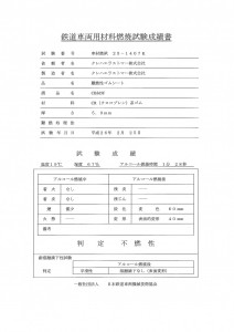 鉄道車両用材料燃焼試験成績書