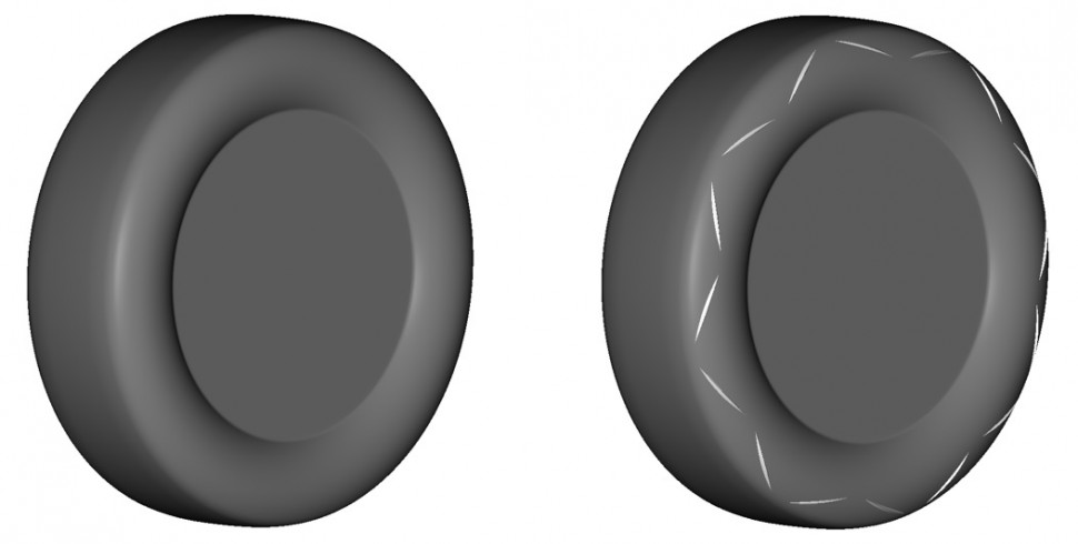 ノーマルタイヤ(左)と新形状エアロダイナミクスタイヤ(右)のイメージ