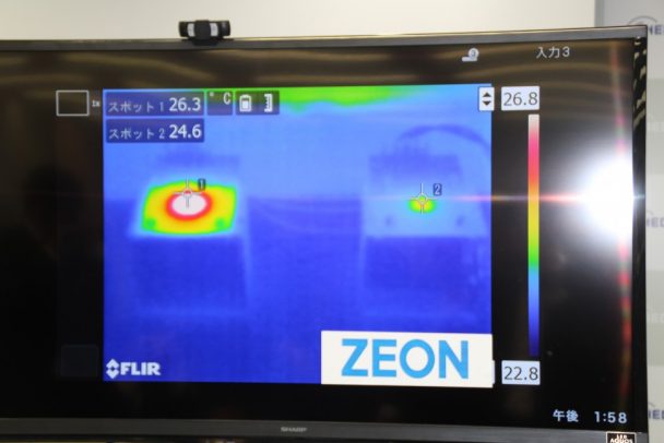 同日行われた会見では、新規シート系TIMとグリース系TIMの性能比較デモンストレーションが行われた。新開発品は優れた熱抵抗値を示した。