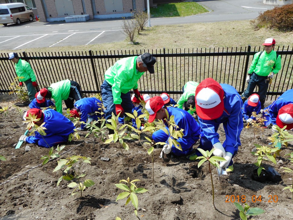 大槌学園の生徒と植樹指導をする横浜ゴム社員