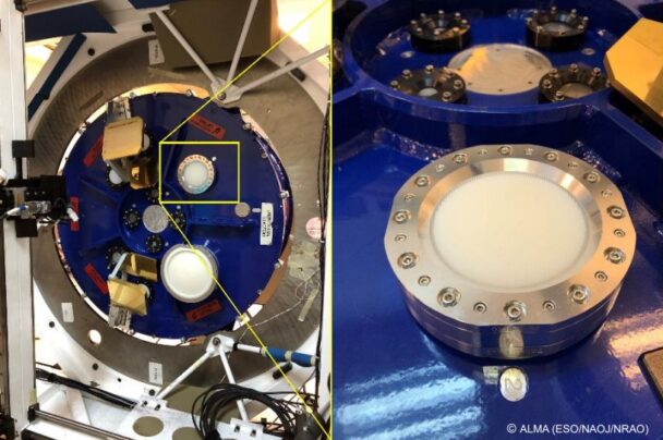 電波望遠鏡に搭載する受信機を収納した冷却容器(デュワー)(左)と採用されたニューライト製レンズ(右)