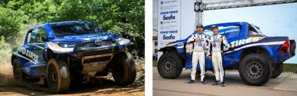 左、参戦車両オーバードライブレーシング製トヨタ「ハイラックス」、 右、クラス優勝を達成した三浦昂選手／ジャン・ミッシェル・ポラト選手