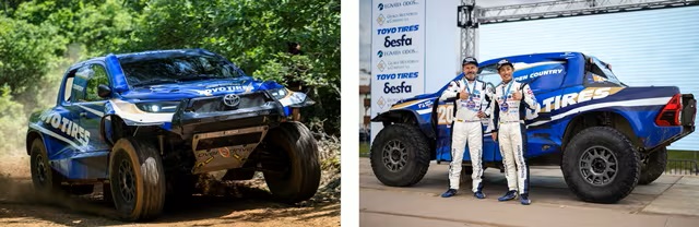 左、参戦車両オーバードライブレーシング製トヨタ「ハイラックス」、 右、クラス優勝を達成した三浦昂選手／ジャン・ミッシェル・ポラト選手
