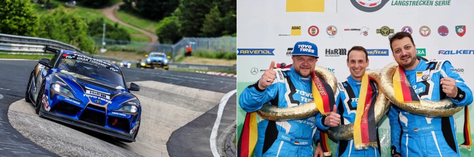 （左、ＳＰ10クラス優勝車両「トヨタ　ＧＲ　スープラ　ＧＴ４　ＥＶＯ」右、アンドレアス・ギュルデン選手、ティム・サンドラー選手、マルク・ヘネリッチ選手）