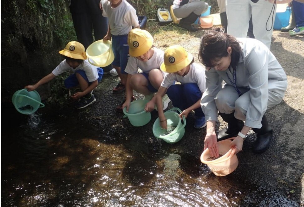 大北川で小学生と共にアユ稚魚を放流