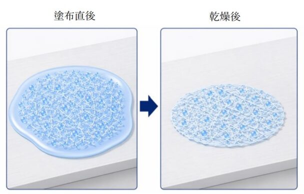 液体中に繊維が分散した状態(左) 繊維がネットワーク状の膜を形成(右)